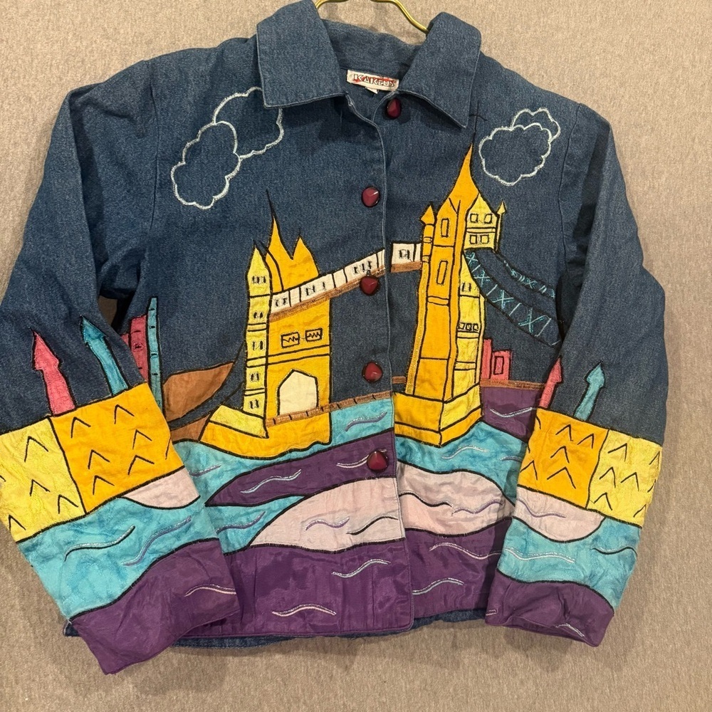 Vtg Kaktus USA Art to Wear Denim Jacket Applique Design Cotton Mix Size Small S - Picture 8 of 10